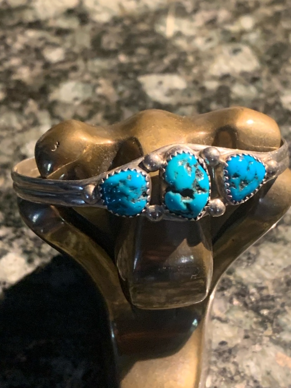 Vintage Navajo 3 Stone Turquoise Cuff Bracelet Signed P 10 grams